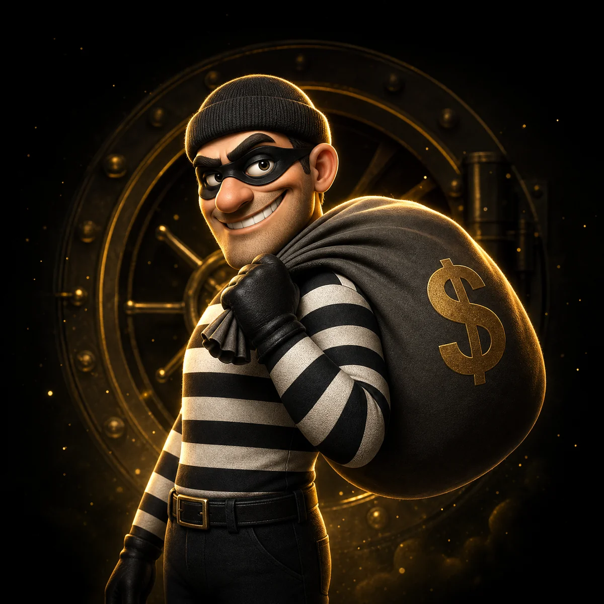 Ad Heist burglar mascot carrying a bag of money in front of a bank vault